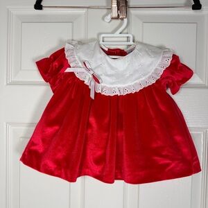 Vintage 80s/90s New York Kids Red Velvet Eyelet Bib Dress Holiday Pageant 12mon